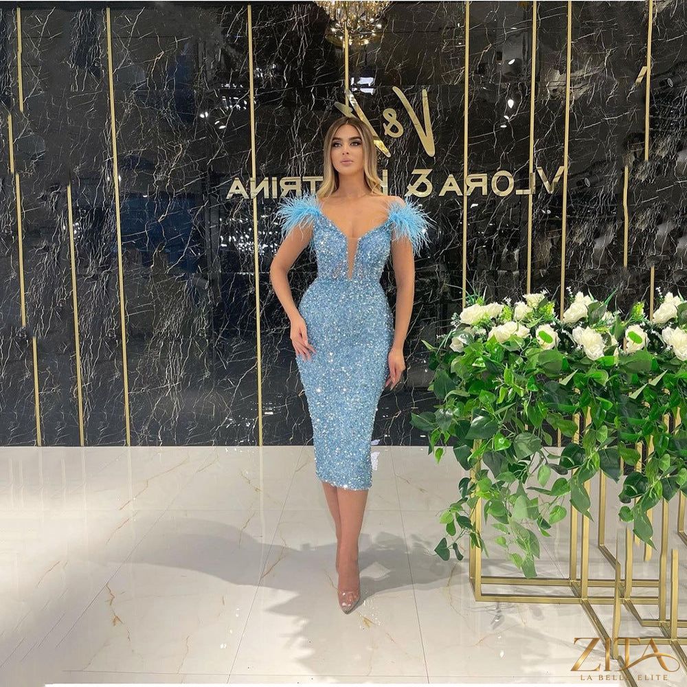 Zita La Belle Elite deep V feather sequin sleeveless evening dress, sparkling with feather embellishments and elegant design.