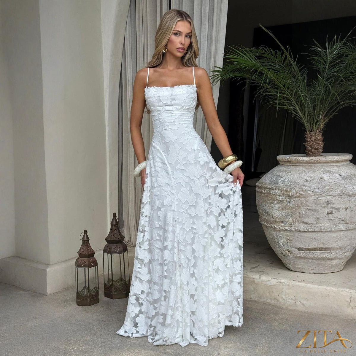 Zita La Belle Elite chiffon strappy backless evening dress with flowing fabric, elegant design, and delicate straps.