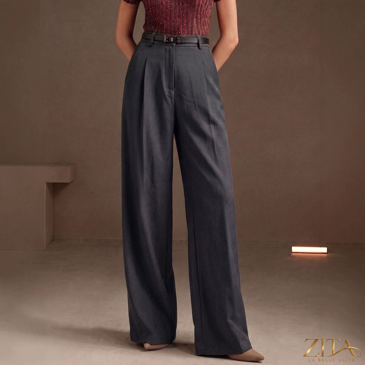 High waist draped wide-leg work pants by Zita La Belle Elite, featuring a stylish tailored fit and flowing fabric.
