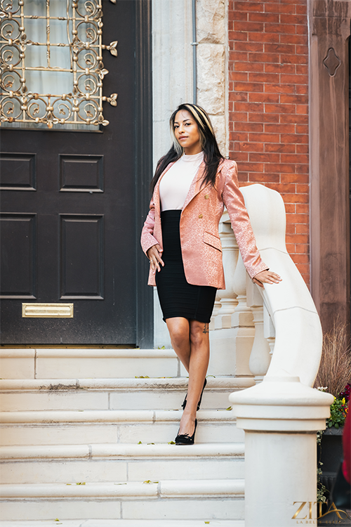 Zita La Belle Elite Premier Blush Blazer shown on a mannequin, tailored fit with blush pink fabric and classic lapel design.