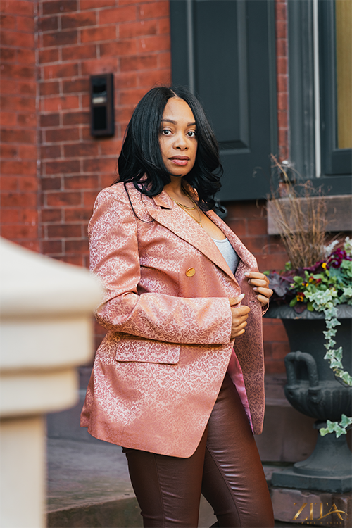 Zita La Belle Elite Premier Blush Blazer on a hanger, tailored fit with blush pink fabric and stylish lapel collar.