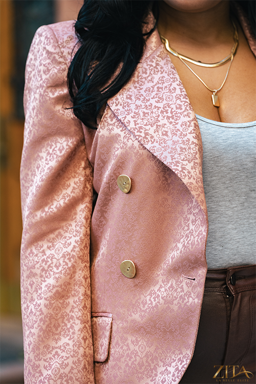 Zita La Belle Elite Premier Blush Blazer shown on a mannequin, tailored fit with blush pink fabric and classic lapel collar.