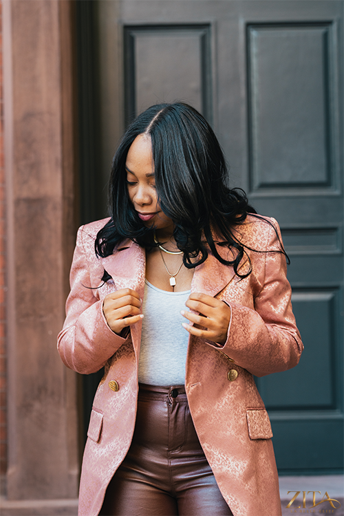 Zita La Belle Elite Premier Blush Blazer shown on a hanger, tailored fit with blush pink fabric and classic lapel design.