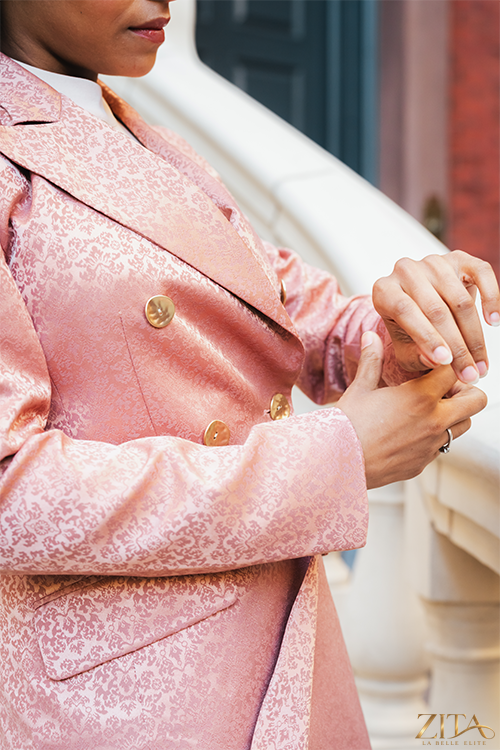 Zita La Belle Elite PREMIER Blush Blazer displayed on a model, featuring a tailored fit and elegant blush pink color.