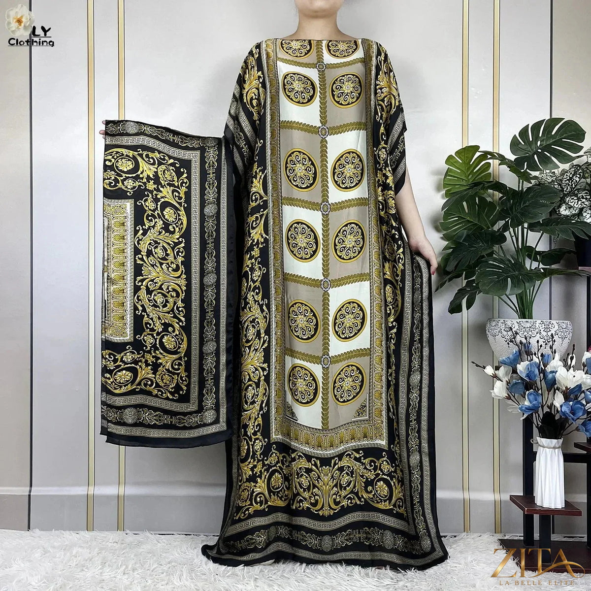 Women’s printed silk loose maxi summer dress with belt and turban by Zita La Belle Elite, featuring vibrant floral patterns and flowing fabric.