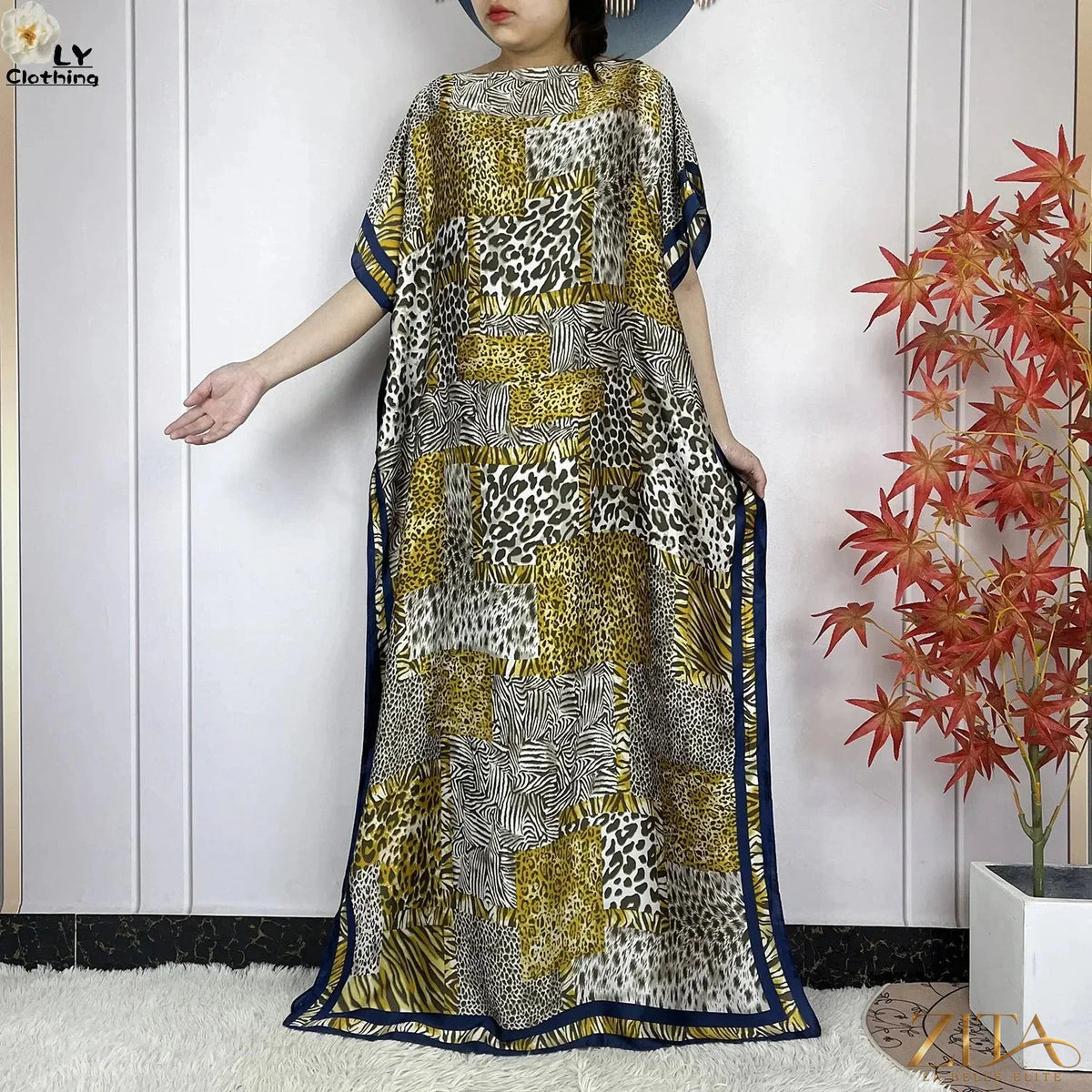 Women printed silk loose maxi summer dress with belt and turban, soft and flowy, by Zita La Belle Elite.