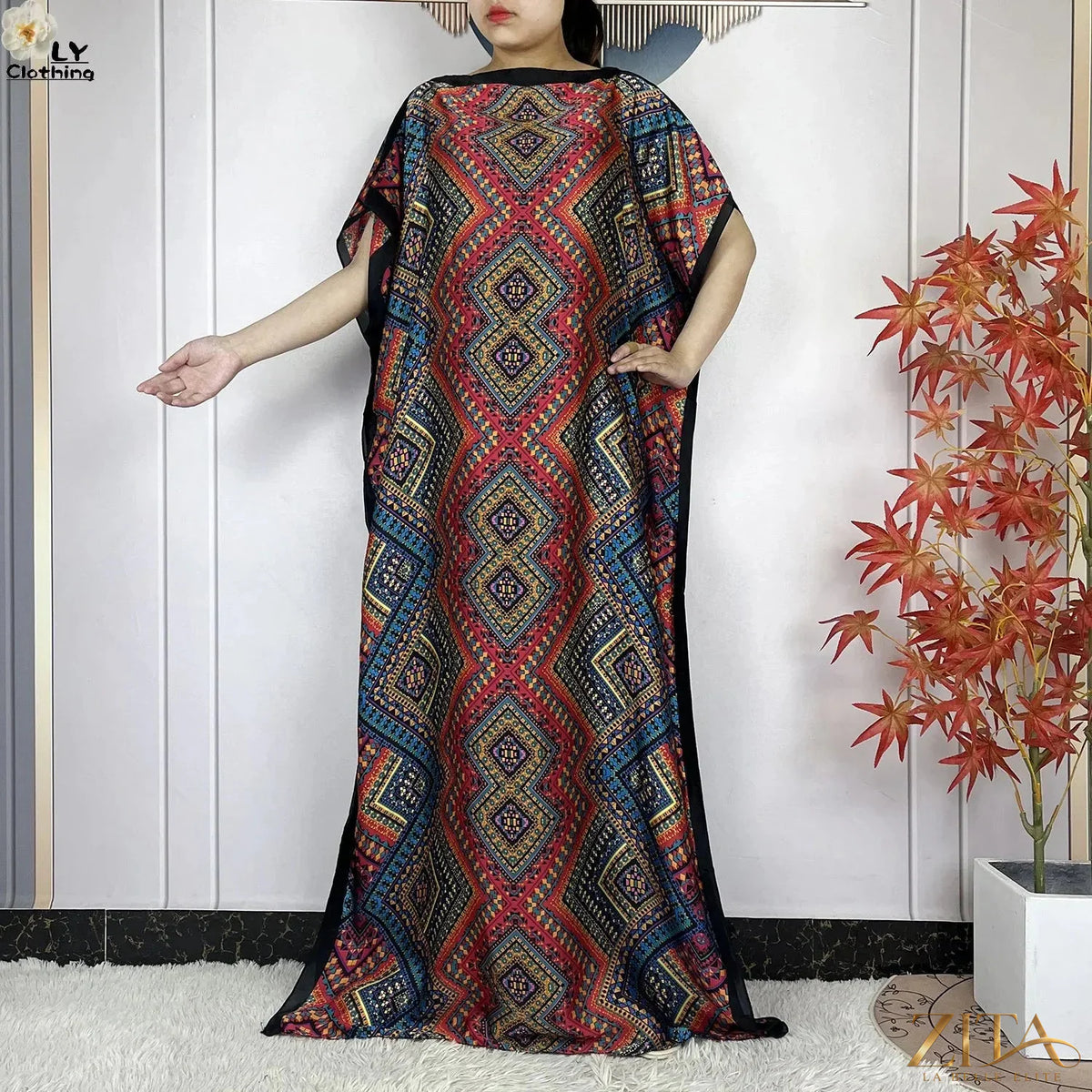 Women’s printed silk loose maxi summer dress with belt and turban, by Zita La Belle Elite, featuring soft, flowing fabric and vibrant pattern.