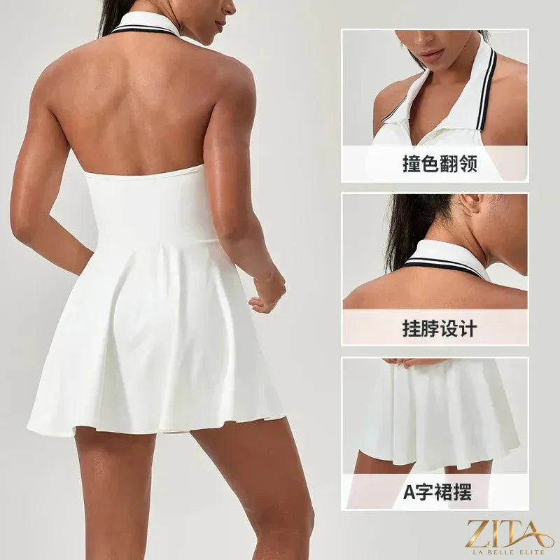 Zita La Belle Elite women's A-line tennis jumpsuit dress with sporty design, suitable for golf and tennis activities.
