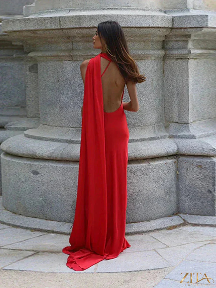 Backless lace-up maxi dress by Zita La Belle Elite featuring a sleeveless design and elegant ribbon accents for evening occasions.