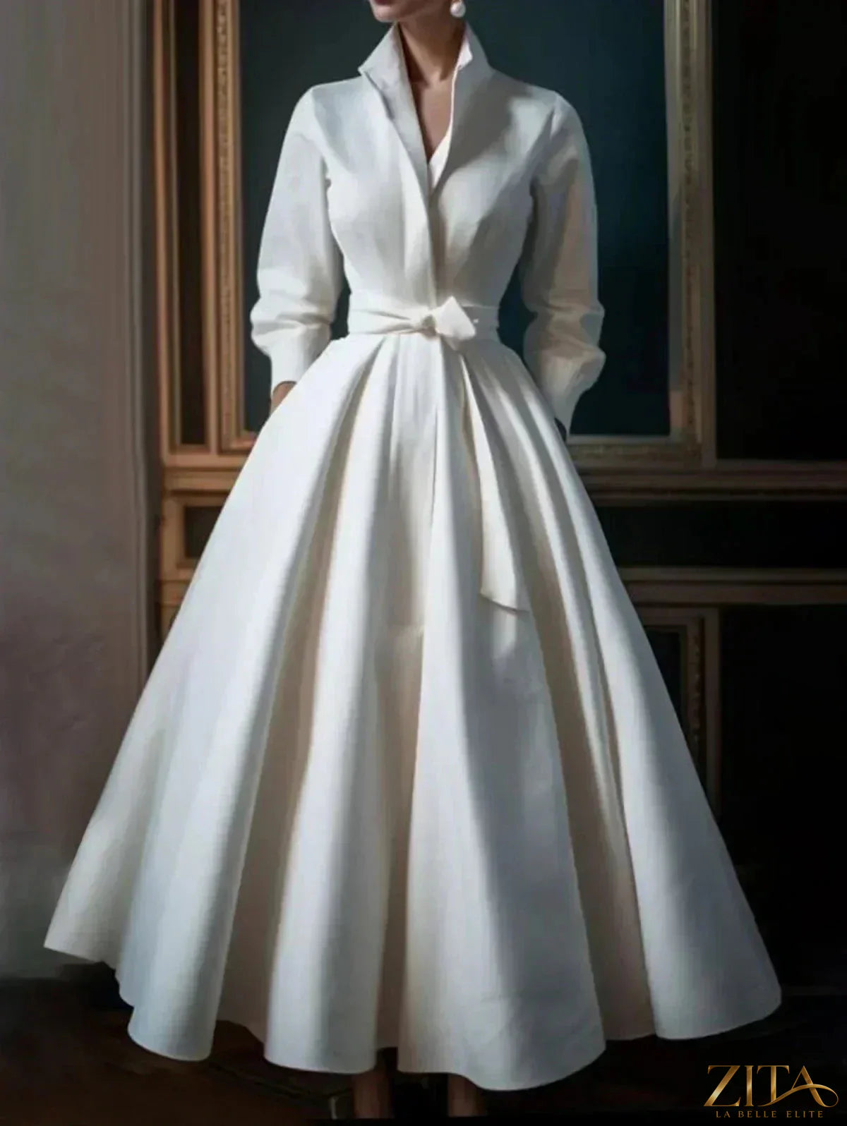 Zita La Belle Elite stand collar belted midi shirt dress displayed flat with button details and waist belt on a plain background.