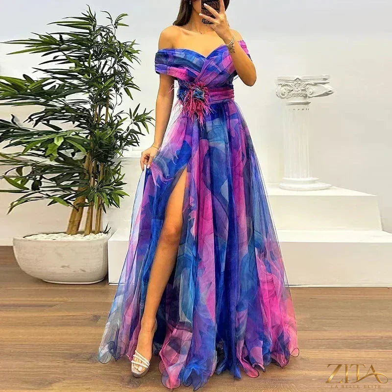 Zita La Belle Elite one shoulder pleated evening dress with thigh-high slit, elegant gown for formal occasions.