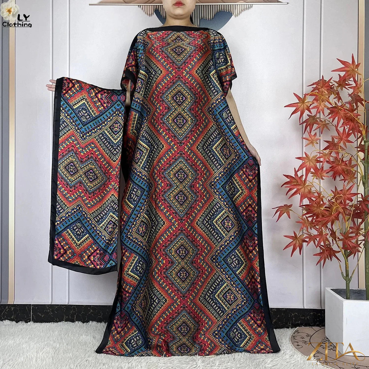 Women’s printed silk loose maxi summer dress with belt and turban, by Zita La Belle Elite, featuring vibrant floral patterns.