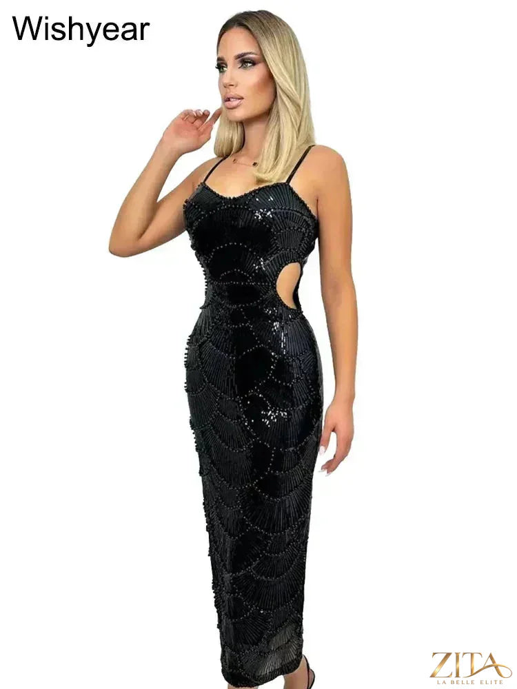 Zita La Belle Elite sequin backless mermaid evening gown with spaghetti straps, form-fitting and glamorous for formal occasions.