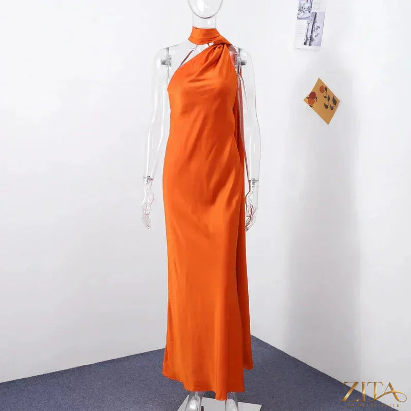 Backless lace-up maxi dress by Zita La Belle Elite, sleeveless evening gown with ribbon details, perfect for parties.