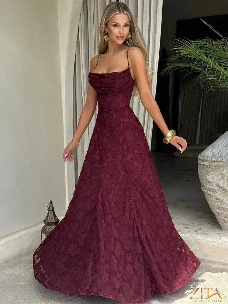 Elegant women's backless spaghetti strap lace-up maxi evening dress by Zita La Belle Elite, featuring a flowing silhouette and delicate lace details.
