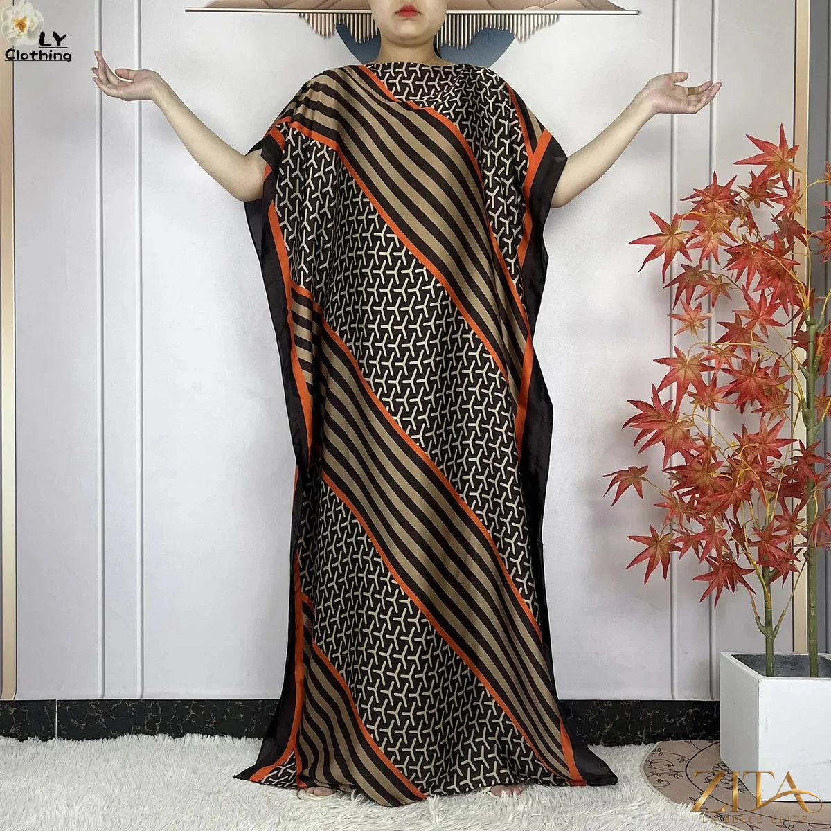 Women printed silk loose maxi summer dress with belt and turban, by Zita La Belle Elite, featuring a soft, flowing design and vibrant print.