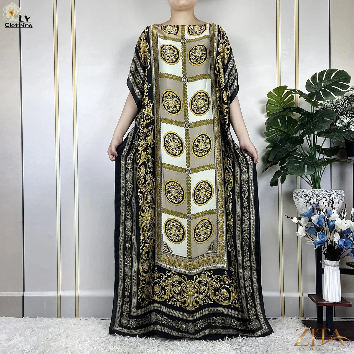 Women printed silk loose maxi summer dress with belt and turban, by Zita La Belle Elite, featuring soft, flowing fabric and elegant design.