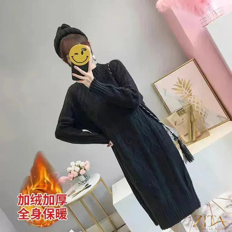 Zita La Belle Elite women's velvet midi sweater dress with mock neck and rib knit texture, perfect for winter.