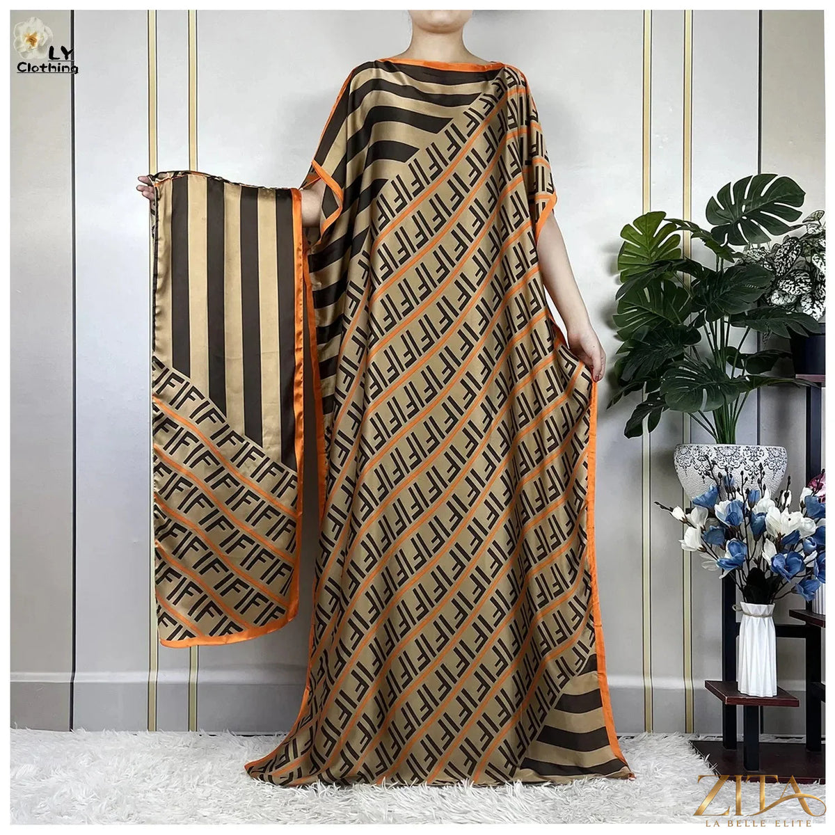 Women’s printed silk loose maxi summer dress with belt and turban, by Zita La Belle Elite, featuring soft, flowy fabric and elegant design.