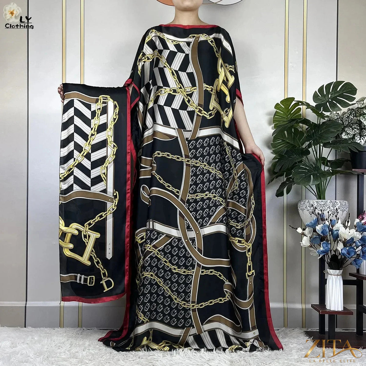 Women printed silk loose maxi summer dress with belt and turban, by Zita La Belle Elite, featuring soft, flowy fabric and elegant design.