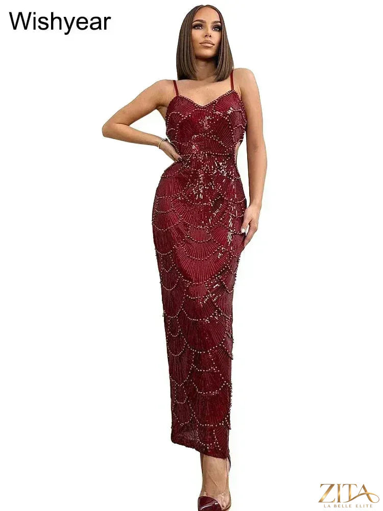 Sequin backless spaghetti strap mermaid evening gown by Zita La Belle Elite, form-fitting dress with shimmering embellishments and elegant silhouette.