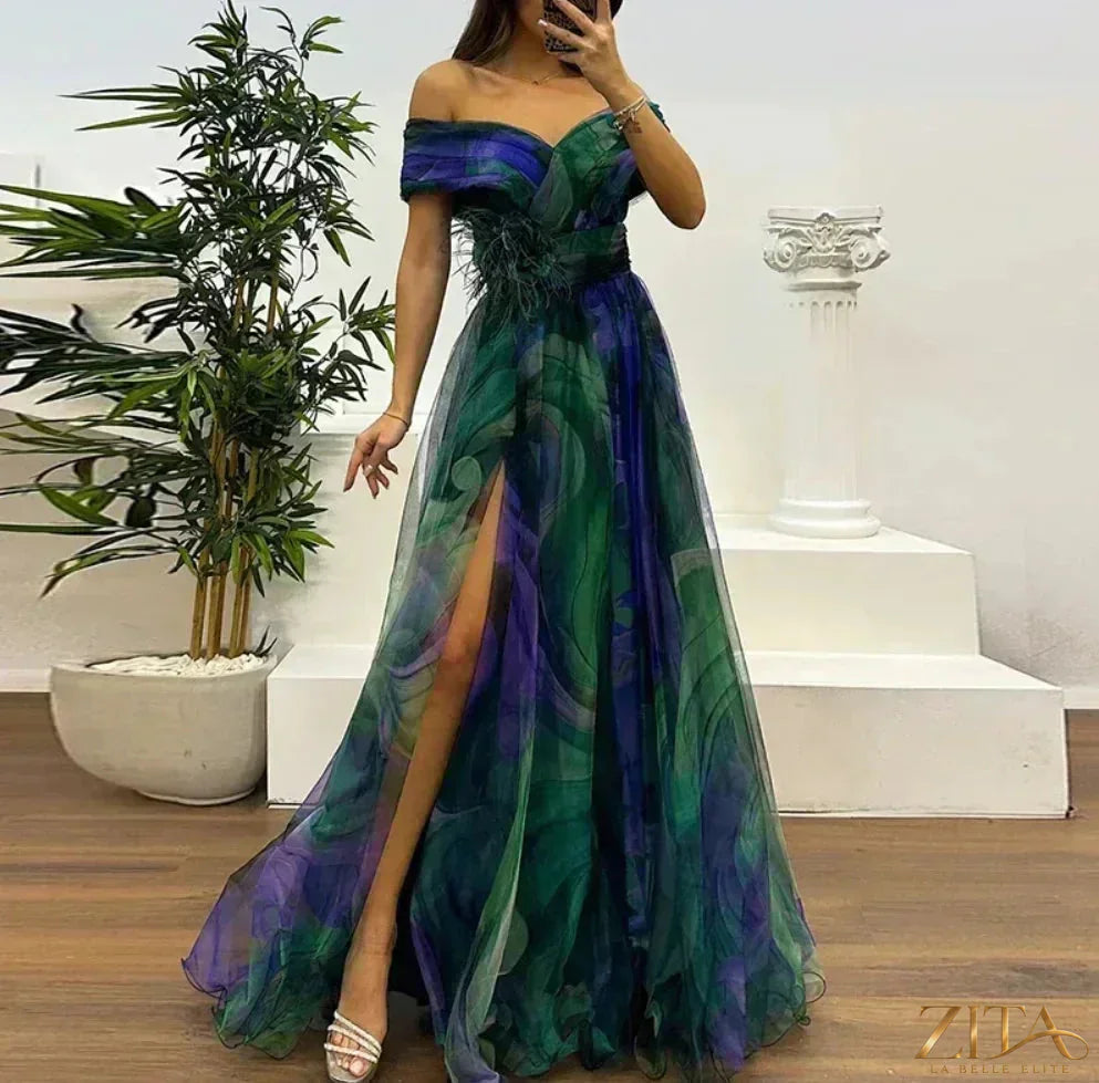 Zita La Belle Elite one-shoulder pleated evening dress with side slit, elegant gown for formal occasions, navy blue fabric.