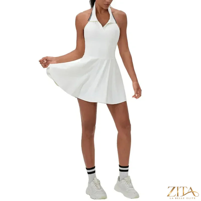 Zita La Belle Elite women's A-line tennis jumpsuit dress in sporty tennis wear, featuring a stylish and functional design.
