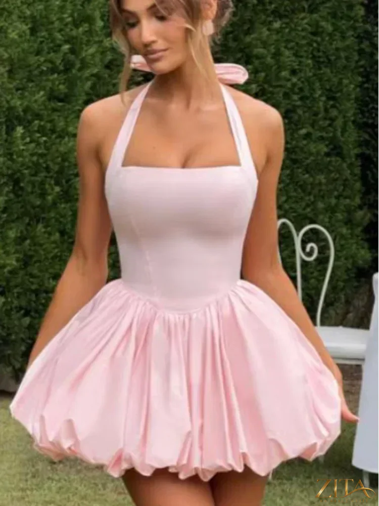 Zita La Belle Elite women's pink corset mini dress with puffball hem