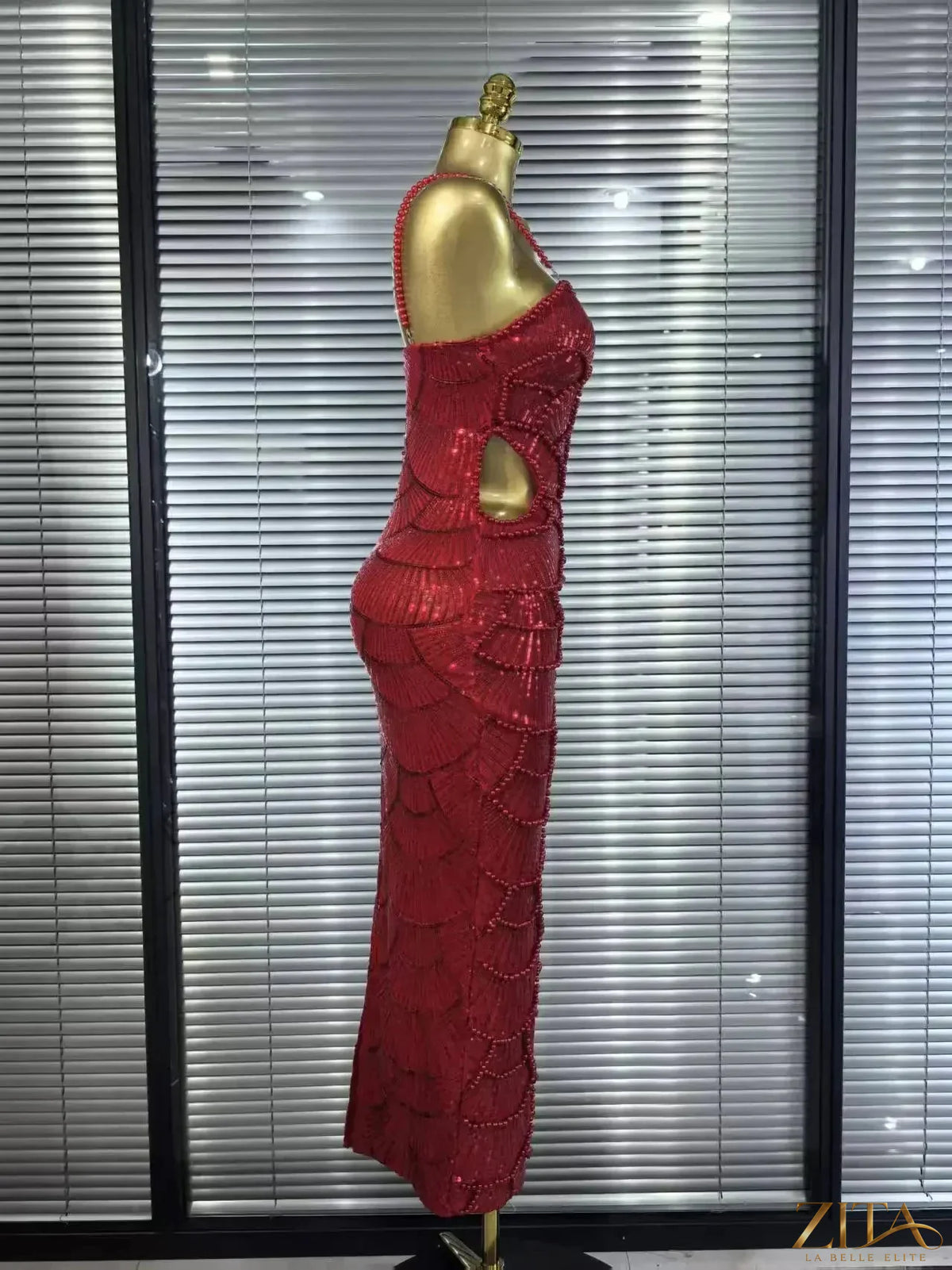Pearl beaded sleeveless bodycon Christmas party dress by Zita La Belle Elite, fitted gown with elegant pearl embellishments.