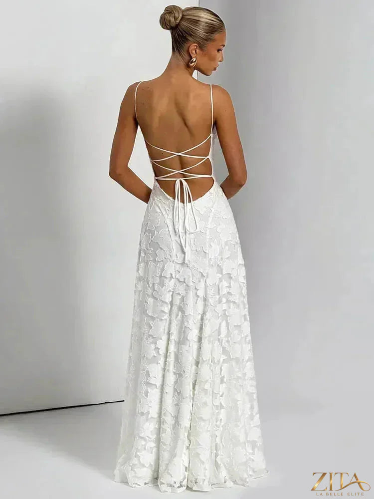 Elegant women's backless maxi evening dress with spaghetti straps and lace-up detail by Zita La Belle Elite.