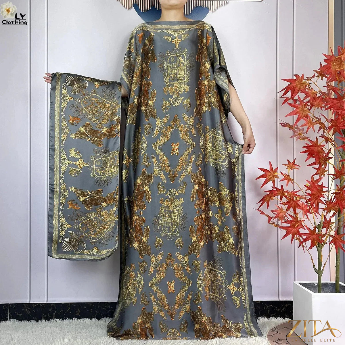 Women’s printed silk maxi summer dress with belt and turban, loose fit, from Zita La Belle Elite, ideal for casual and party occasions.