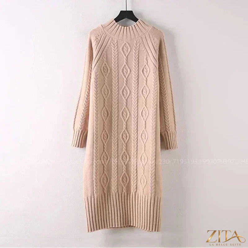 Zita La Belle Elite women's velvet midi sweater dress with mock neck and rib knit detailing, perfect for winter fashion.