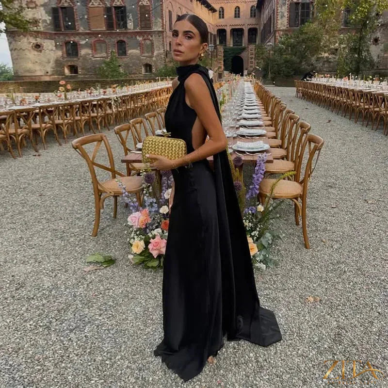 Zita La Belle Elite backless lace-up maxi party dress with ribbon detailing, sleeveless evening gown perfect for formal events.