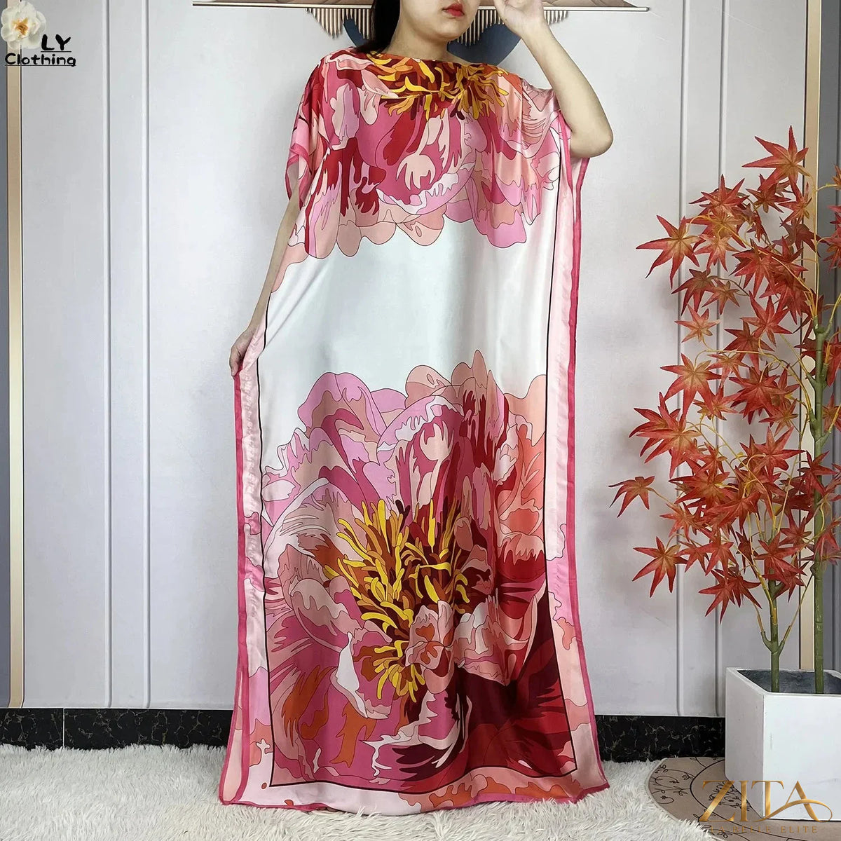 Women’s printed silk loose maxi summer dress with belt and turban by Zita La Belle Elite, featuring soft, flowing fabric and elegant design.