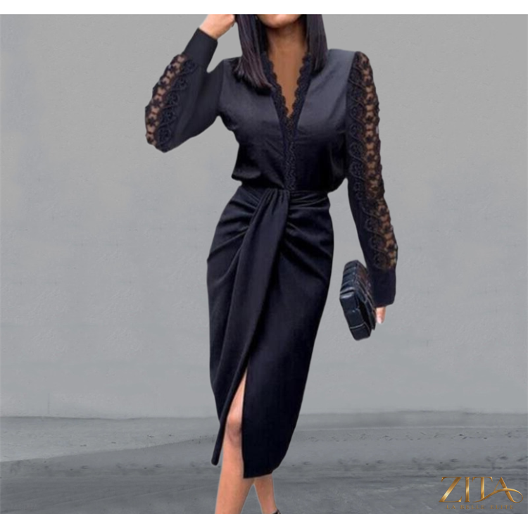 Black V-neck lace long sleeve party dress by Zita La Belle Elite, featuring elegant lace fabric and a flattering V-neck design.