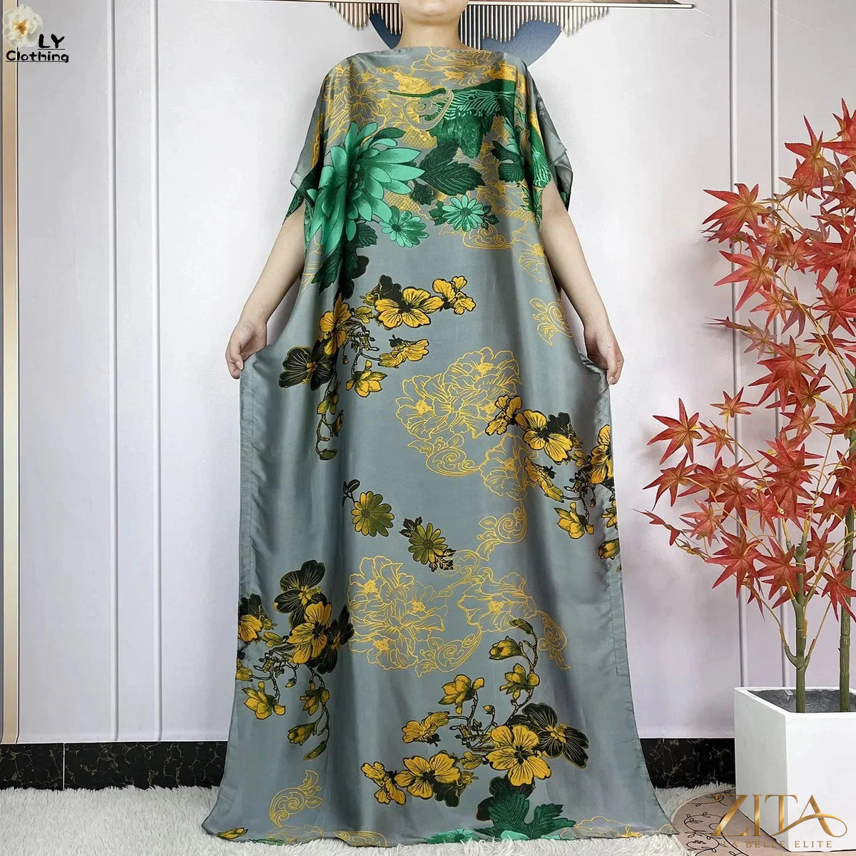 Women printed silk loose maxi summer dress with belt and turban by Zita La Belle Elite, featuring a soft, flowing design and vibrant pattern.