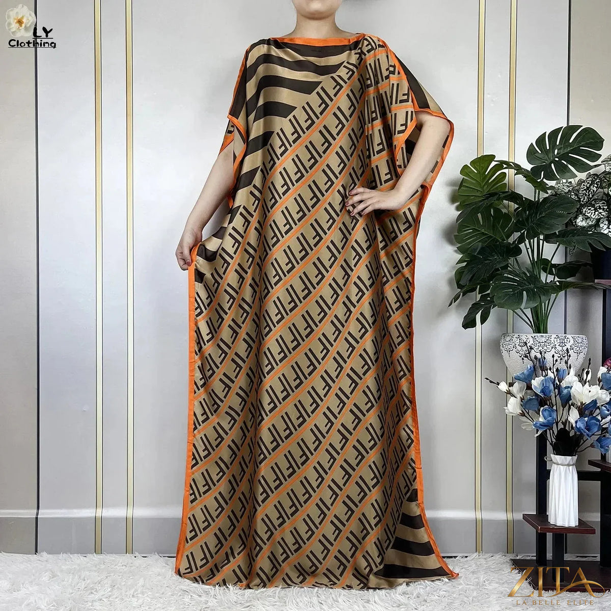 Women printed silk loose maxi summer dress with belt and turban by Zita La Belle Elite, featuring a soft, flowing design.