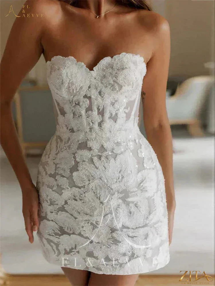Zita La Belle Elite sexy glitter lace mini wedding dress with intricate lace details and shimmering embellishments for bridal attire.