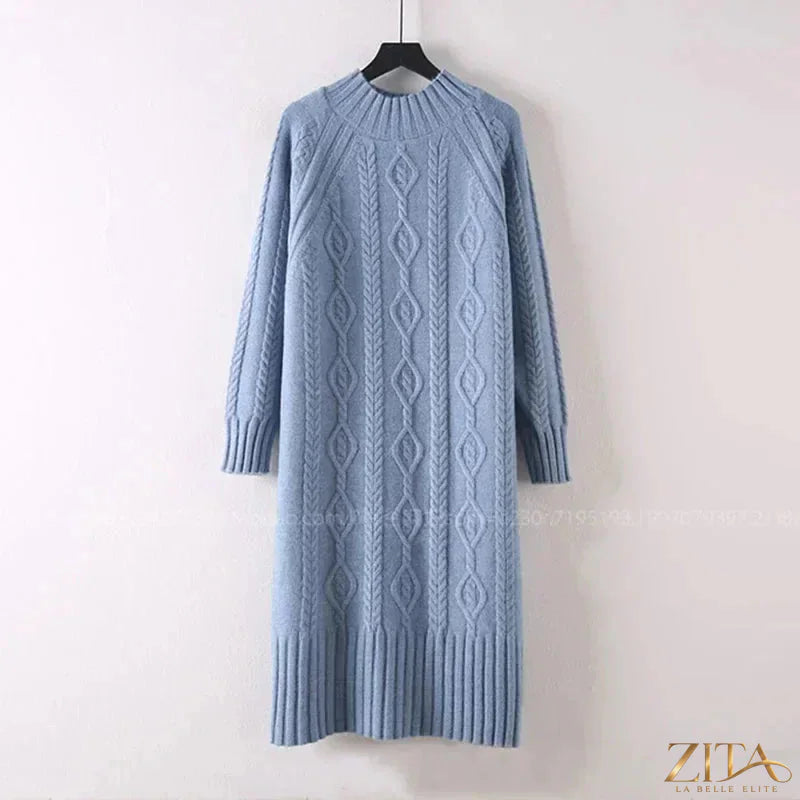 Women’s velvet midi sweater dress with mock neck and rib knit details, featuring a stylish winter design by Zita La Belle Elite.