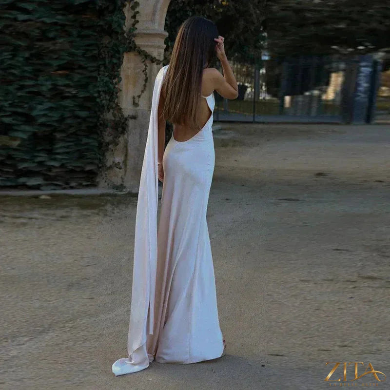 Backless lace-up maxi dress by Zita La Belle Elite, sleeveless evening gown with ribbon detail, perfect for formal parties.