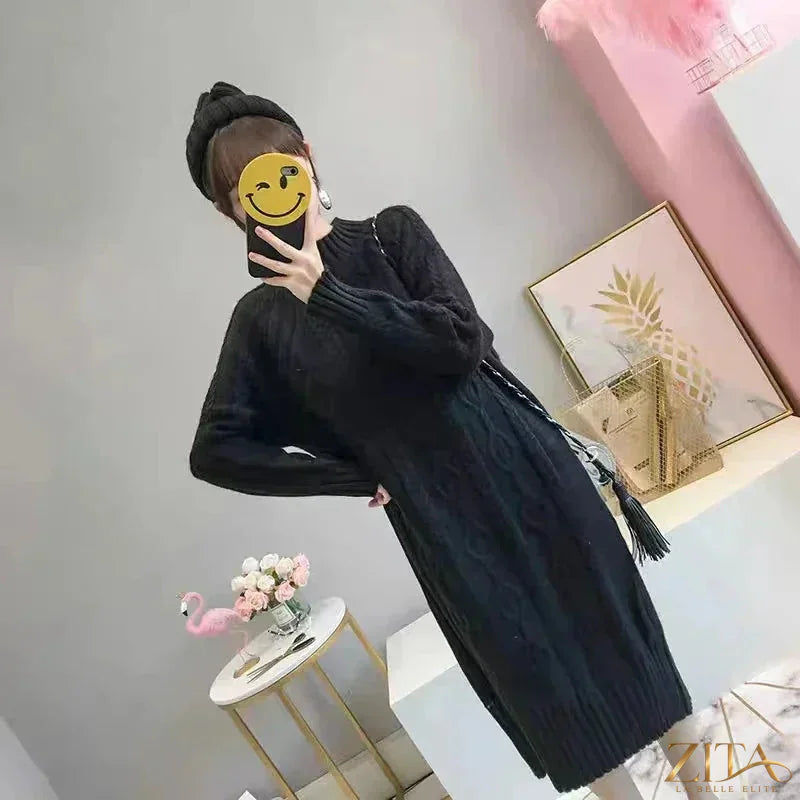 Zita La Belle Elite women's velvet midi sweater dress with mock neck and rib knit detailing, ideal for winter wear.