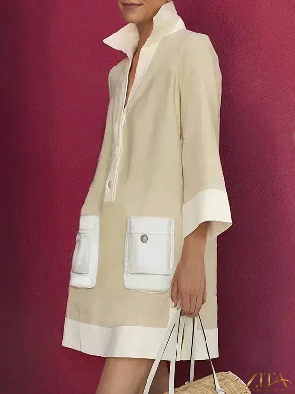 Zita La Belle Elite contrast color button-down shirt mini dress with long sleeves and a fitted silhouette, shown on a model.