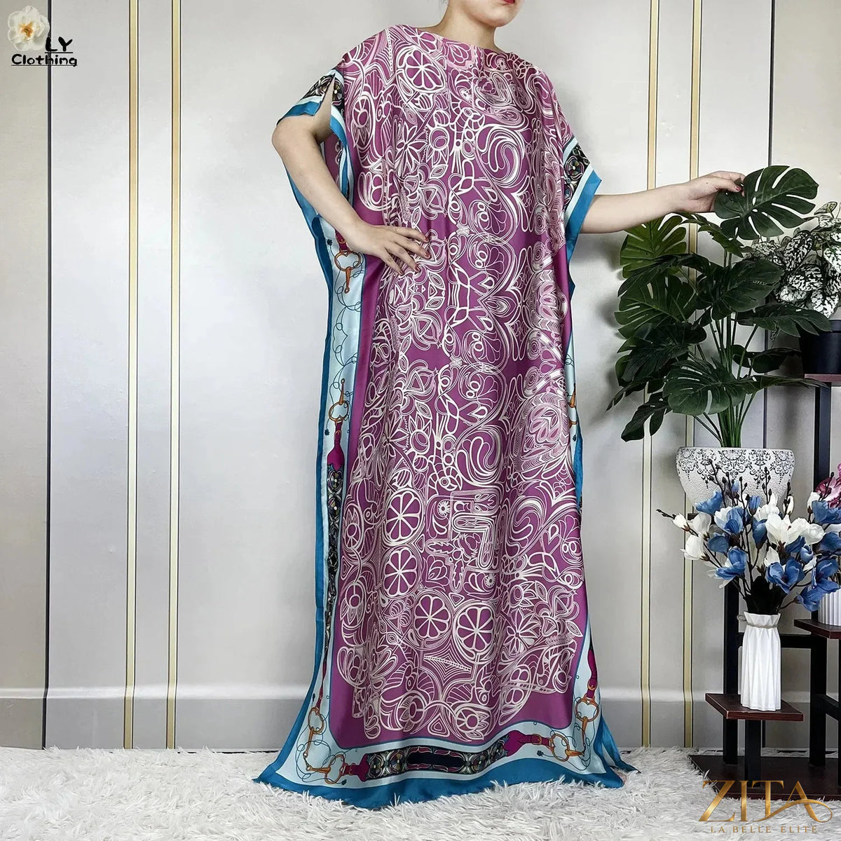 Women’s printed silk loose maxi summer dress with belt and turban by Zita La Belle Elite, featuring vibrant floral design and flowing fabric.