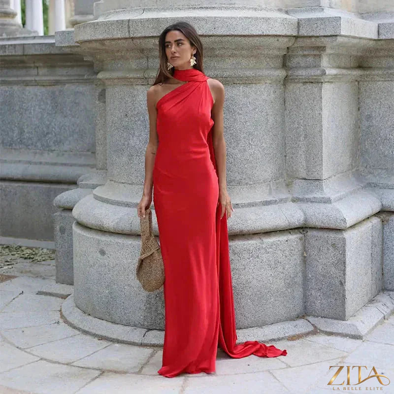 Backless lace-up maxi dress by Zita La Belle Elite, sleeveless evening gown with ribbon details, perfect for elegant parties.