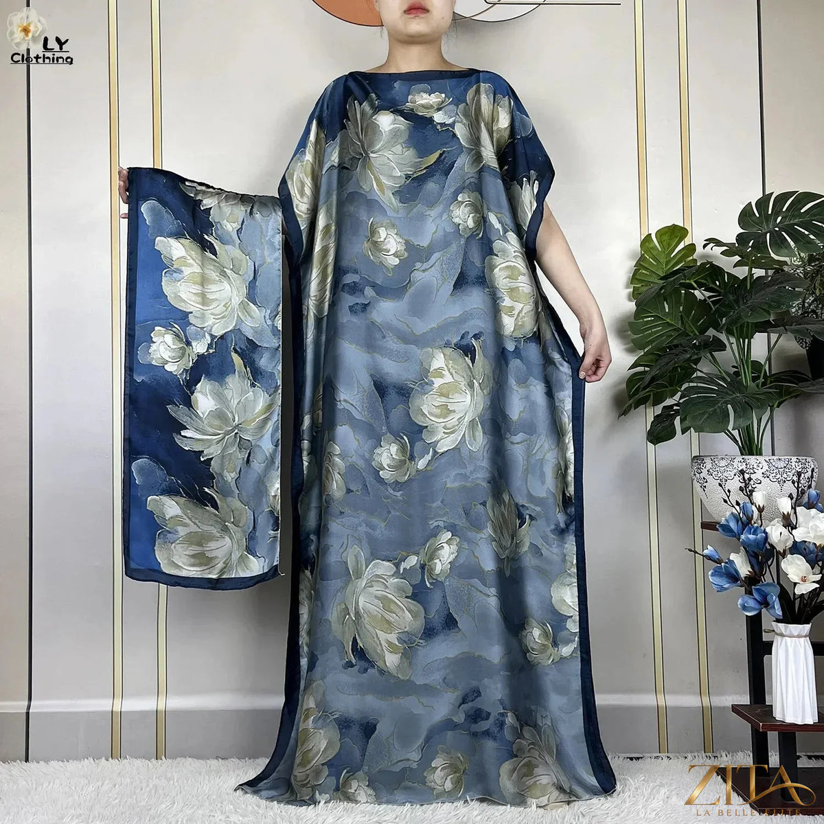 Women’s printed silk loose maxi summer dress with belt and turban, by Zita La Belle Elite, featuring a flowing, elegant design.