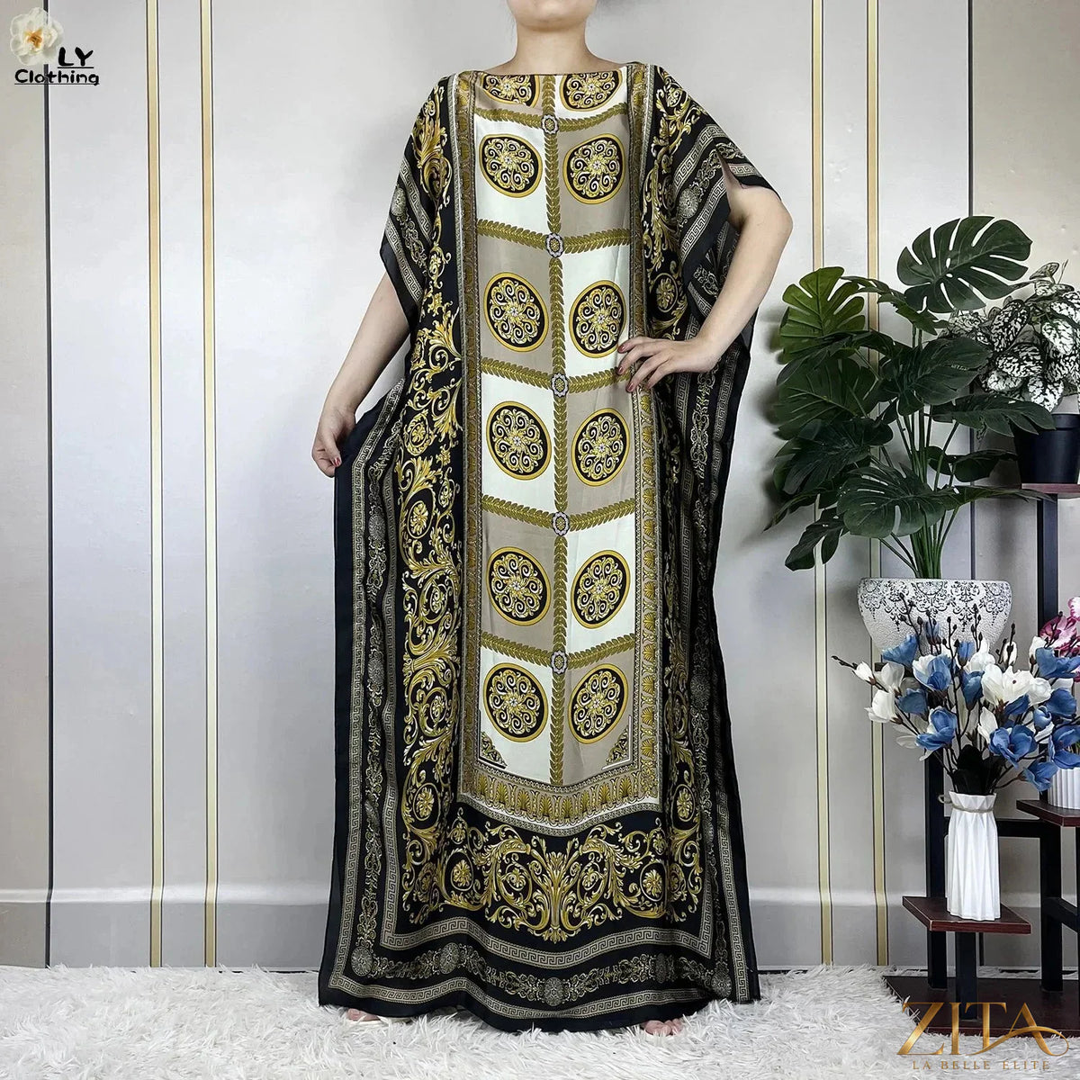 Women printed silk loose maxi summer dress with belt and turban by Zita La Belle Elite, featuring a soft, flowing design.