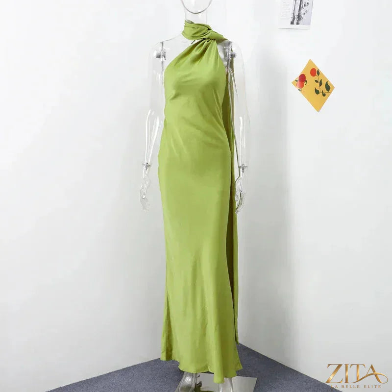 Backless lace-up maxi dress by Zita La Belle Elite, sleeveless evening gown with ribbon accents, perfect for formal parties.