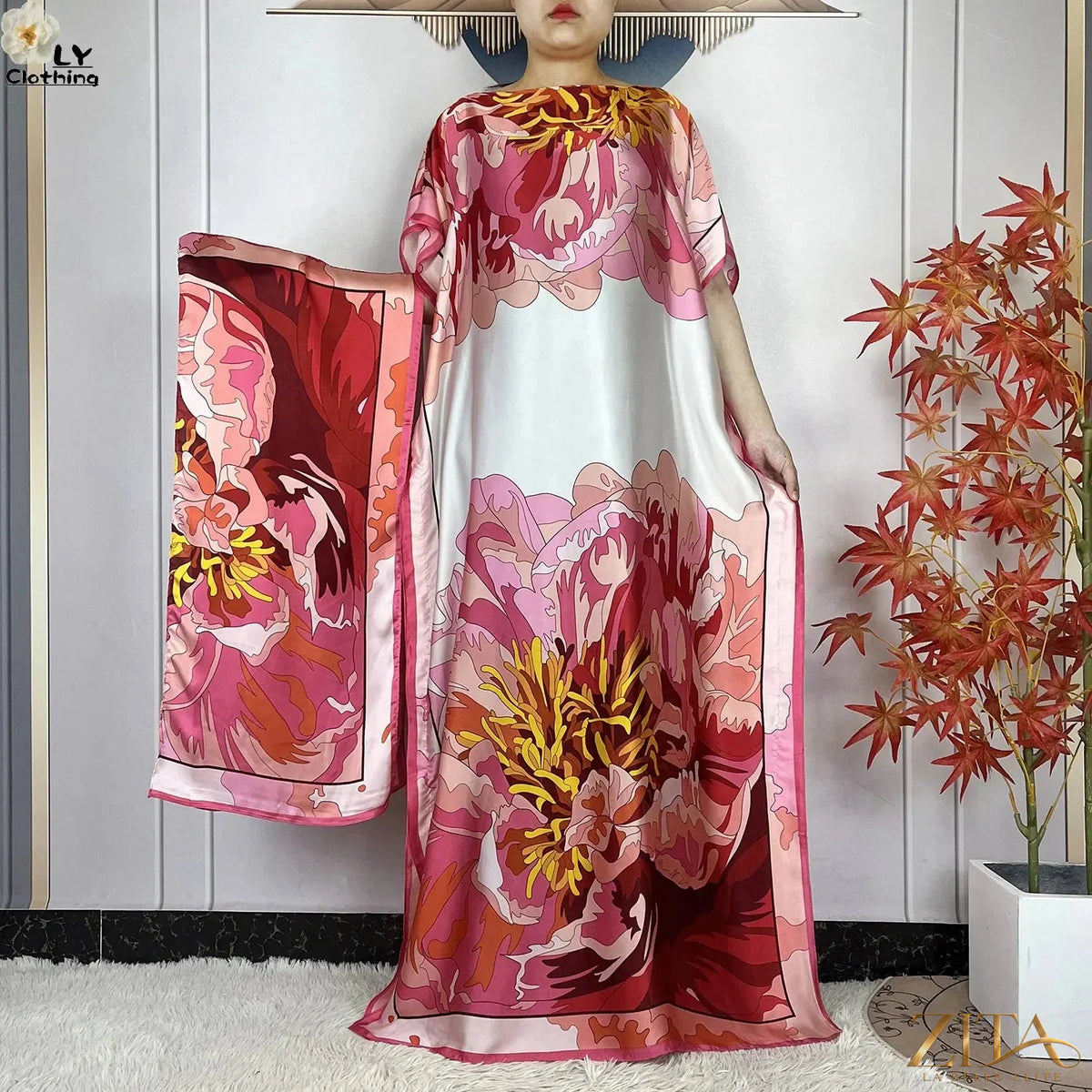 Women printed silk loose maxi summer dress with belt and turban by Zita La Belle Elite, featuring vibrant floral pattern and flowing design.
