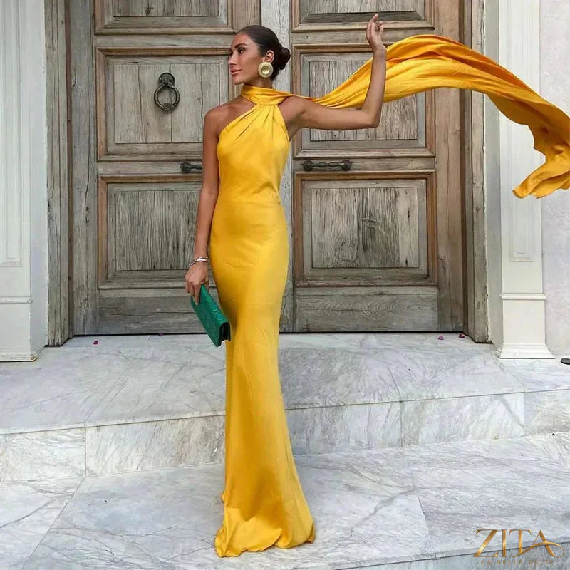 Backless lace-up maxi dress by Zita La Belle Elite, sleeveless ribbon evening gown, ideal for party occasions, shown in elegant design.