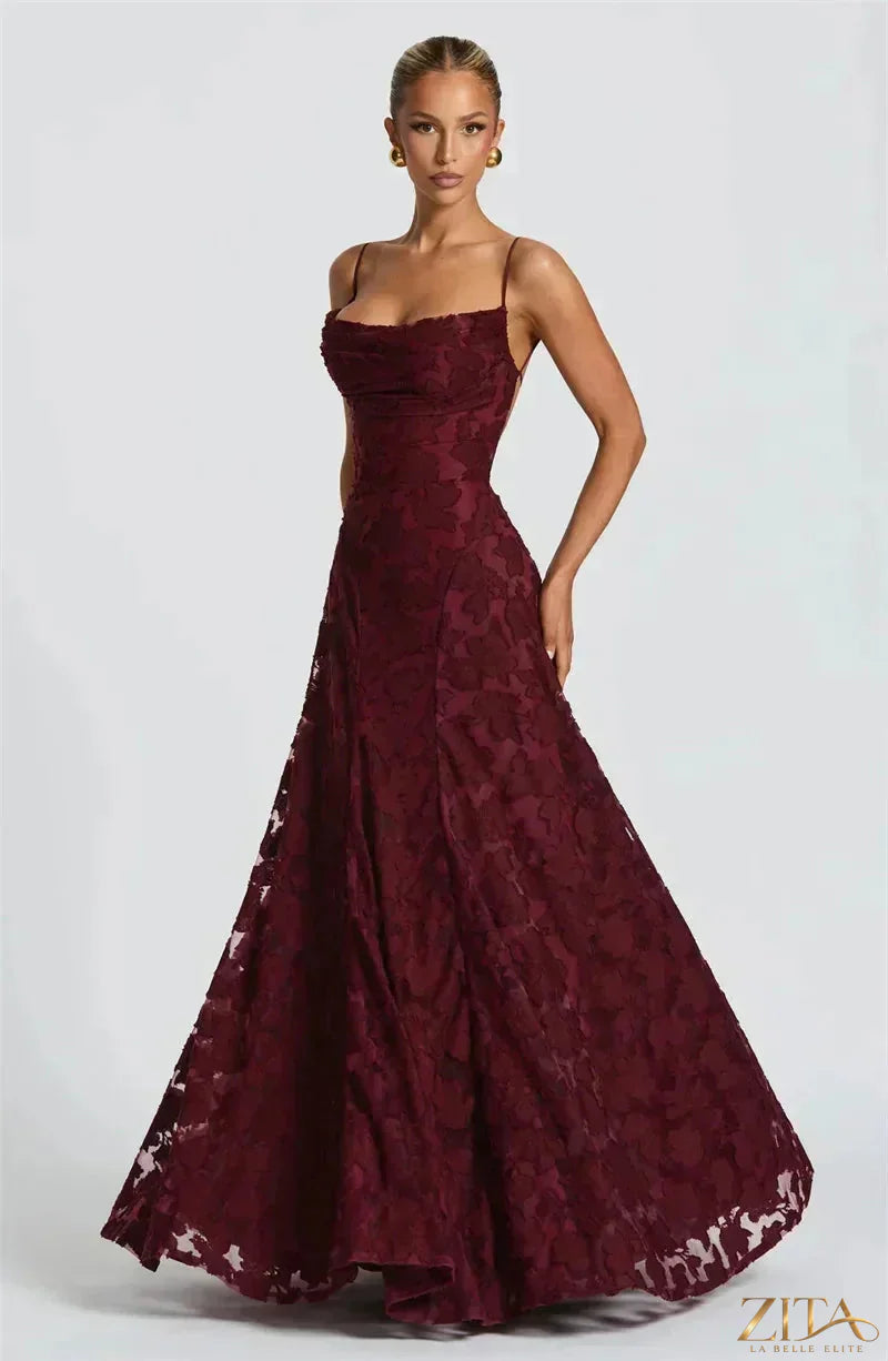 Backless spaghetti strap lace-up maxi evening dress for women by Zita La Belle Elite, featuring elegant lace details.